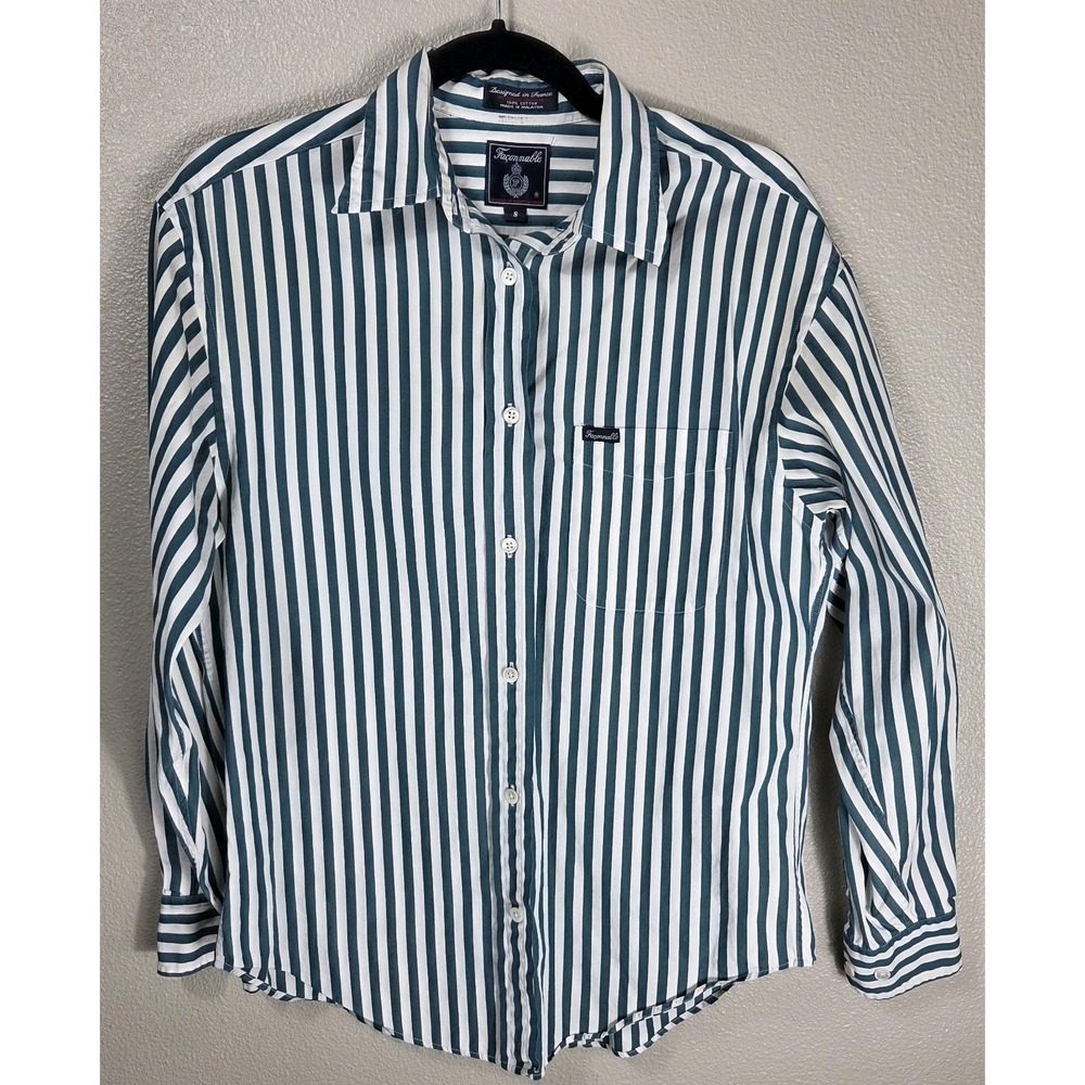 Faconnable Striped Button Front Shirt Womens Small Teal White Cotton Long Sleeve